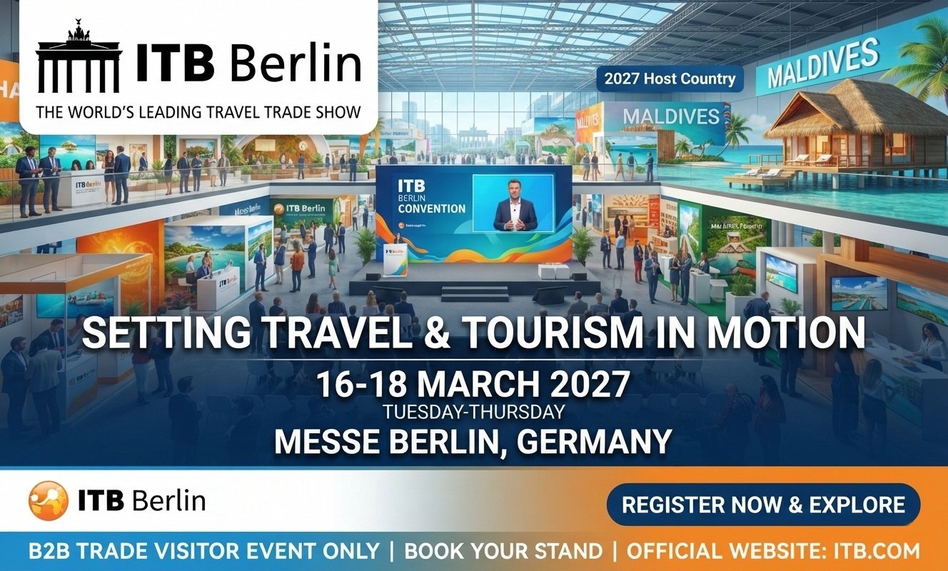 A professional event promotional banner for the "ITB Berlin" travel trade show, optimized for visitexpo.in. The background displays a wide, modern interior view of the Messe Berlin exhibition center, featuring multiple colorful pavilion booths, travel displays showcasing the Maldives as the 2027 host country, and an central stage displaying "ITB Berlin Convention". Large, bold white text across the middle reads "SETTING TRAVEL & TOURISM IN MOTION" and "16-18 MARCH 2027, TUESDAY-THURSDAY, MESSE BERLIN, GERMANY." The top left features the official ITB Berlin logo next to a Brandenburg Gate icon with the text "THE WORLD'S LEADING TRAVEL TRADE SHOW." The bottom of the image features co-branding logos for ITB Berlin and visitexpo.in, along with a blue "REGISTER NOW & EXPLORE" button, and an orange banner detailing "B2B TRADE VISITOR EVENT ONLY | BOOK YOUR STAND | OFFICIAL WEBSITE: ITB.COM".